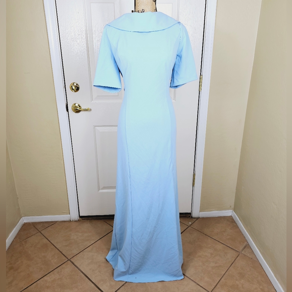 Adrianna Papell Crew Neck Short Sleeves Back Zipper Side Slit Long Crepe Dress